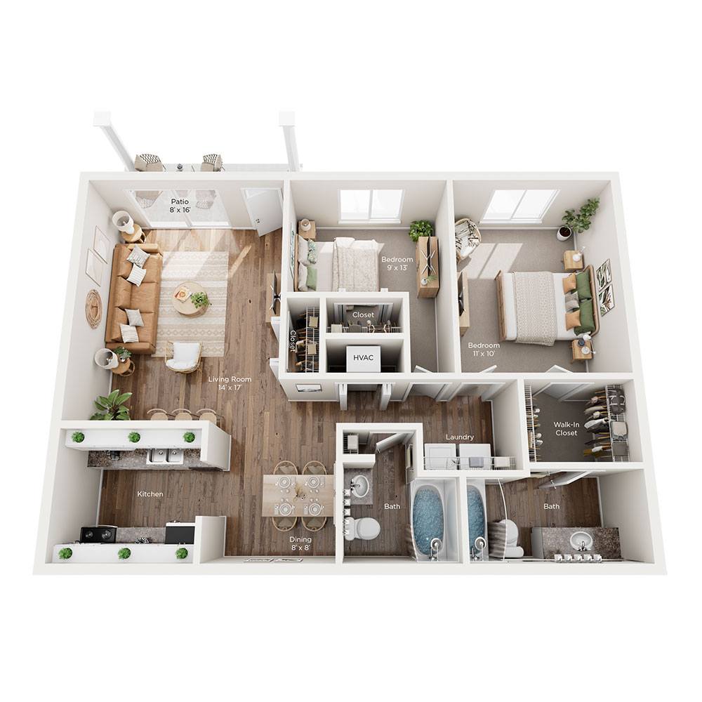 A floor plan of a small apartment with a kitchen