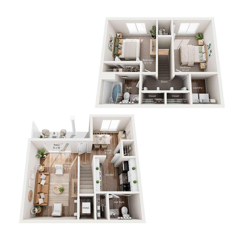 A floor plan of a two-story apartment with a living room